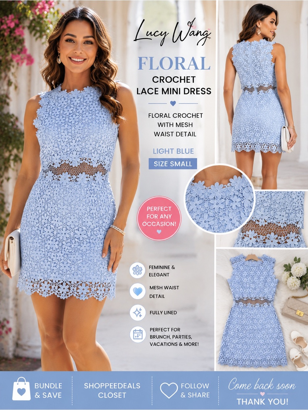 Lucy Wang Light Blue Floral Crochet Lace Mesh Mini Dress Crop Top & High-Waisted